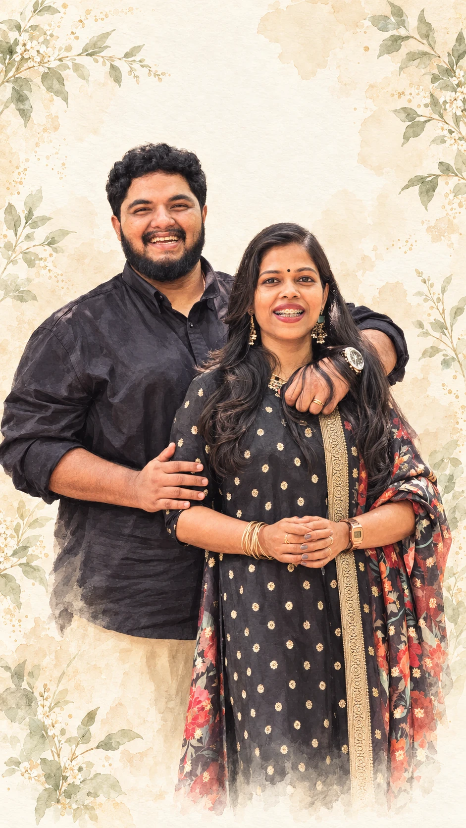 Watercolor portrait of Aswath Shaji and Athulya SB